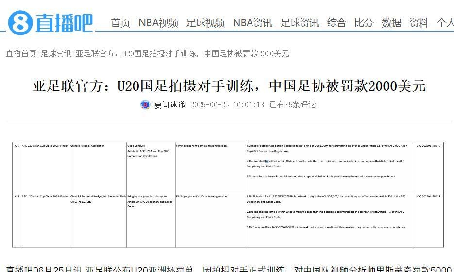 九游体育-包含中国足协遭亚足联罚款因U20国足违规拍摄对手训练的词条